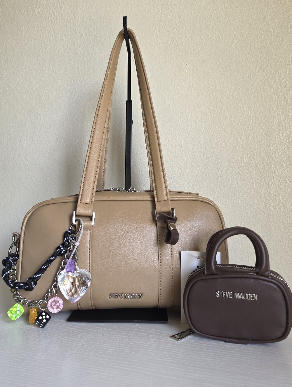 Steve Madden Bharlan Barrel Bag with Mini Pouch & Charms – Latte / NWT